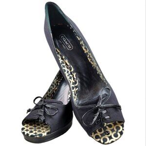 Coach "COREY" Peeptoe Cotton Twill Block Heel Pumps with front top Bow